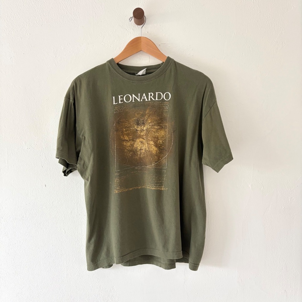 Vintage T-Shirt Men L Green Leonardo Vitruvian Man Art Graphic Tee Short Sleeve